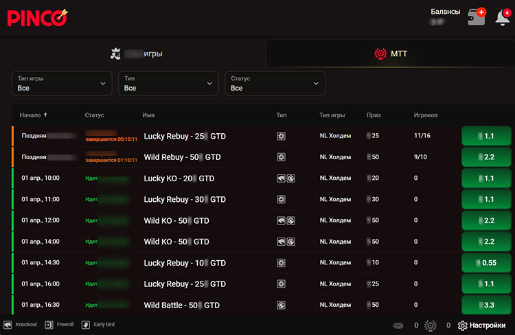 Турниры Пинко Покер